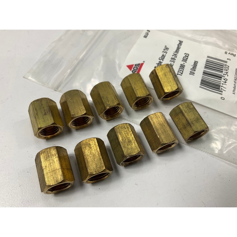 (10) AGS BLU-3 Brake Line Brass Fitting Union, 3/16'' (3/8''-24 Inverted)